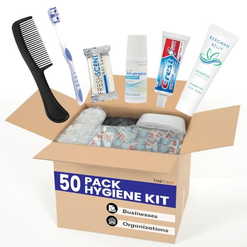 TrekTote 50 Pack Assemble Your Own Hygiene Kit, Bulk Hygiene Essentials, Travel Size Toiletries Set with Comb, Toothbrush, Toothpaste, Shampoo, Deodorant, Bag and More