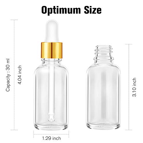 PrettyCare Glass Eye Dropper Bottles 24 Pack, 1oz (30ml) Clear Empty Thick Bottles Bulk with Leakproof Golden Caps - With Labels & Funnels for Storage, Travel, Essential Oils, Cuticle Oils, Tinctures