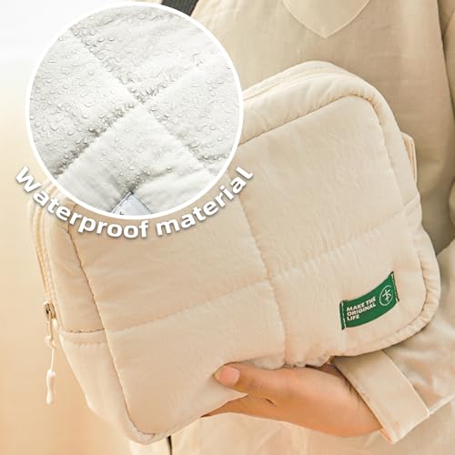 Veki Puffy Makeup Bag, Travel Cosmetic Bags for Women, Cute Quilted Make up Pouch, Toiletry Organizer Travel Essentials and Rectangular Quilted (White, Large)