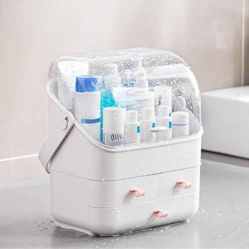 HBlife Makeup Organizer, Waterproof & Dustproof Cosmetic Storage, Fully Open Lid Makeup Display Box, Skincare Organizer for Bathroom Countertop Vanity, White