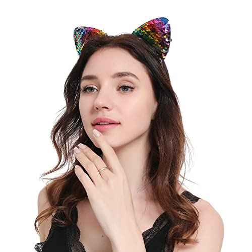 QUUPY 6PCS Cat Ears Headband Sequin Headbands Lovely Hair Accessories for Daily Wearing Kitty Ears Headband for Party Decoration