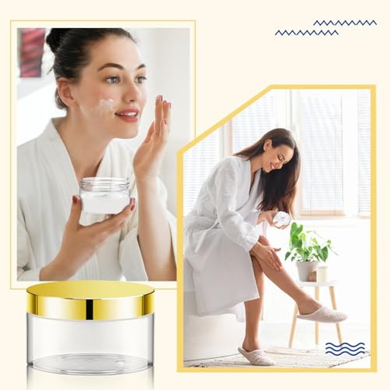 Dandat 24 Pcs 8 oz Plastic Jar Container with Lid and Label Refillable Empty Round Clear with Gold PET Cosmetic Sample Containers for Lotion, Cream, Ointments, Body Butter, Makeup, Travel Storage