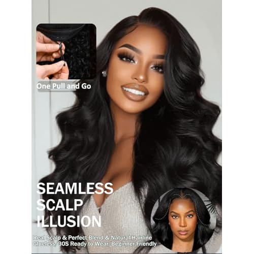 KLAIYI EasiContour V Part Wig Human Hair Body Wave Glueless Upgrade U Part Wig No Leave Out No Gel Clip in Half Wig V Shape Pull and Go Beginner Friendly Ready to Wear Natural Black Color 150% 18Inch