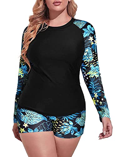 Daci Women Blue Flower Plus Size 2 Piece Long Sleeve Rash Guard Swimsuit Swim Shirts Top UPF 50+ with Boy Short Swimwear 18W