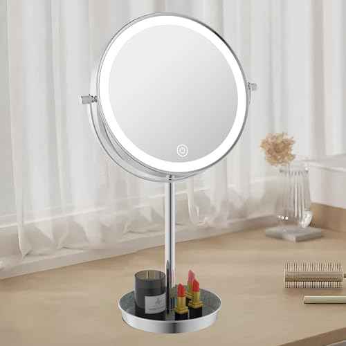 8" Lighted Makeup Mirror with 3 Color Lights and 1X 10X Magnification, Magnifying Vanity Mirror with Jewelry Holder and Storage Base, Dimmable,Touch Control, Chrome
