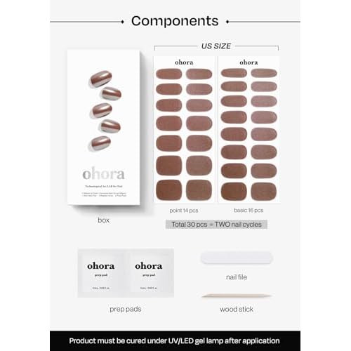 ohora Semi Cured Gel Nail Strips (N Chocolate Chrome) - Works with Any Nail Lamps, Salon-Quality, Long Lasting, Easy to Apply & Remove - Includes 2 Prep Pads, Nail File & Wooden Stick