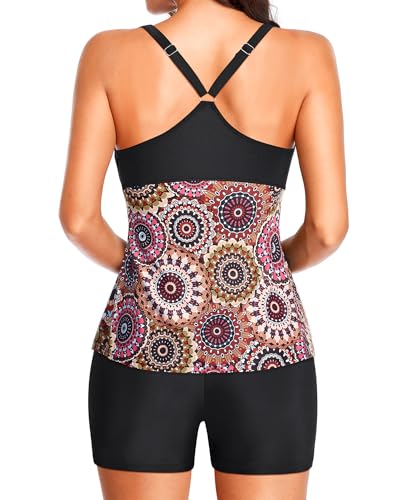 Yonique Women Two Piece Tankini Swimsuits with Shorts Athletic Bathing Suit with Swim Shorts Racerback Swimwear Mandala S