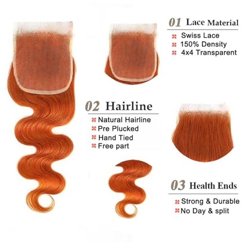 Ginger Bundles Human Hair With Closure Body Wave 14 16 18+14 In, 10A 350 Ginger Human Hair Bundles with 4x4 HD Closure Soft And Shed-Free 350 Copper Orange Body Wave Bundle