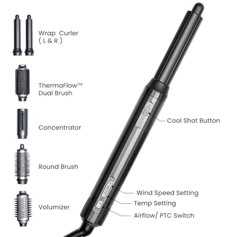 GLAMUP¢ç FusionPro¢â 6 in 1 Hot Air Styler- Wrap Curler & Thermal Brush Straightener, High Speed Hair Dryer, Round Brush, Volumizer, Hair Styling Gift Set with Travel Bag, Blow Dryer Brush