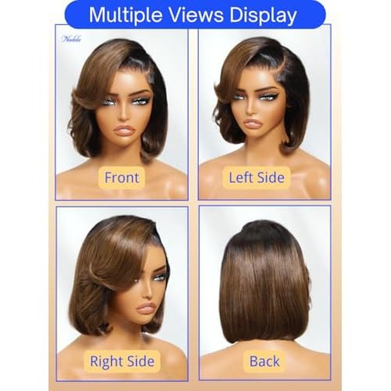 Nadula Glueless Bye Bye Knots Short Bob Drawstring Wig human Hair with Blow Out Bangs, Black to Chestnut Brown Ombre Pre Cut 7X5 HD Lace Front Wigs Pre Plucked Bleached Knots Ready to Wear 12inch