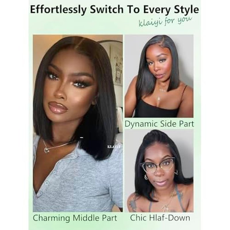 KLAIYI Bob Wig Human Hair Bye Bye Knots Glueless Wear and Go Wig with Drawstring Pre Cut 7x5 Lace Front Pre Plucked Bleached Short Straight Put on Go Beginner Wigs 3S Ready to Go Pre Everything 10Inch