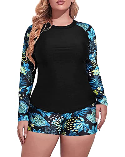 Daci Women Blue Flower Plus Size 2 Piece Long Sleeve Rash Guard Swimsuit Swim Shirts Top UPF 50+ with Boy Short Swimwear 18W