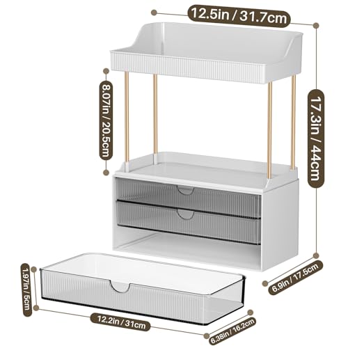 Bathroom Organizers and Storage - 3 Drawers 2 Tier Makeup Organizer, Cosmetic Storage Drawer for Dresser Countertop and Bathroom Vanity for Large Skincare, Perfume, Grey