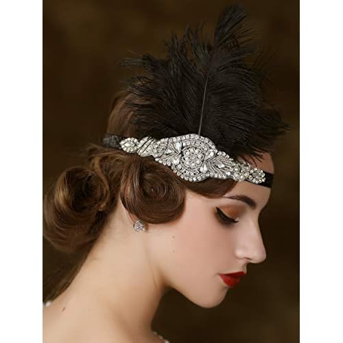 SWEETV 1920s Headpiece Flapper Headband, Rhinestone Feather Great Gatsby Headpiece Hair Accessories for Women (Black)