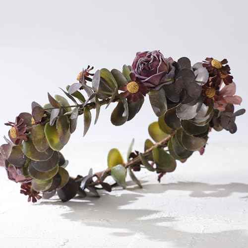 Purple Flower Crown Headband - Handmade Fairy Floral Headpiece Artificial Vintage Rose Flower Headbands with Ribbon for Women Girls Wedding Renaissance Party Cosplay Photo Shoot