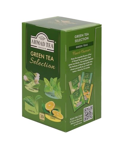 Ahmad Tea Green Tea, Green Tea Selection, Lemon Green Tea, Jasmine Green Tea, Mint Green Tea, & Green Tea Teabags, 20 ct (Pack of 1) - Caffeinated & Sugar-Free