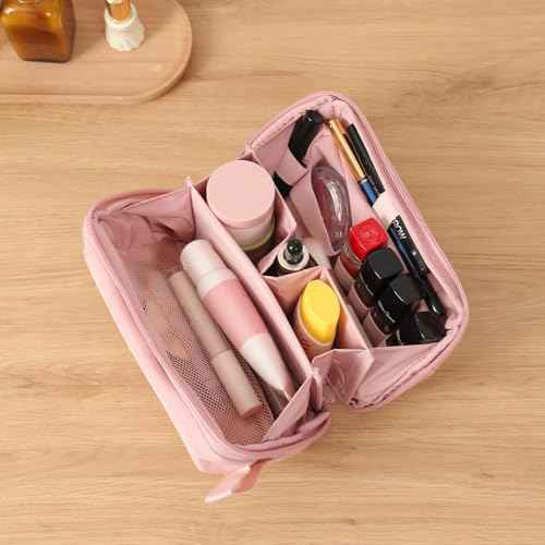 Makeup Bag for Travel Medium Cosmetic Case for Women Large Capacity Portable Zipper Cosmetic Organizer with Compartments Pink