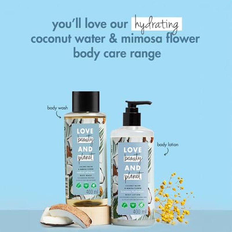 Love Beauty and Planet Luscious Hydration Body Lotion for Hydration Coconut Water & Mimosa Flower Natural Ingredients, Plant-Based Moisturizers, Vegan, Cruelty-Free 13.5 oz