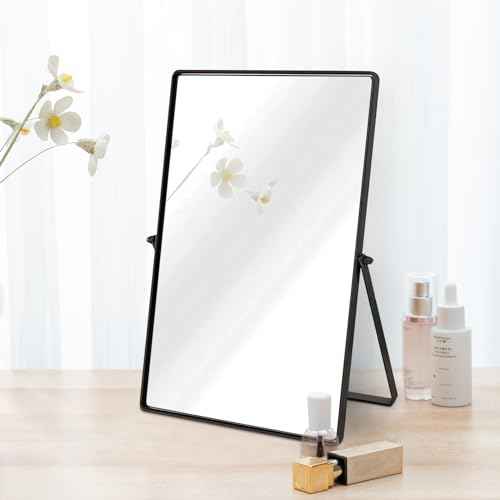 Desktop Makeup Mirror with Black Metal Standing 90¡Æ Rotation Vanity Table Mirror Portable Cosmetic Mirror for Dressing Room Bedroom Bathroom Rectangle