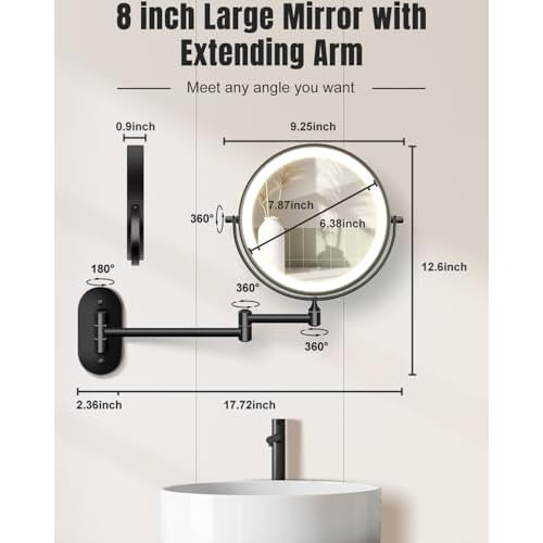 30X/1X Wall Mounted Lighted Makeup Mirror, 8'' Double Sided Rechargeable Magnifying Bathroom Mirror with Light, 3 Color Lights Touch Dimmable Extended Arm 360 Rotation Light up Mirrors