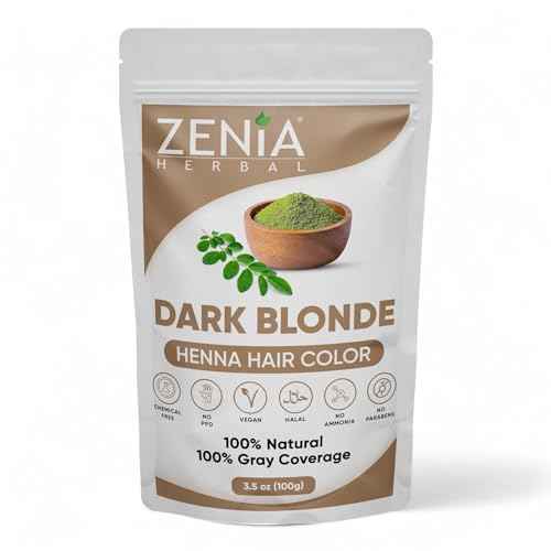 Zenia Natural Henna Hair & Beard Color/Dye | Chemical Free, Ammonia Free, Cruelty-Free, Vegan | Gray Hair Coverage | (3.5oz) 100g (Dark Blonde)