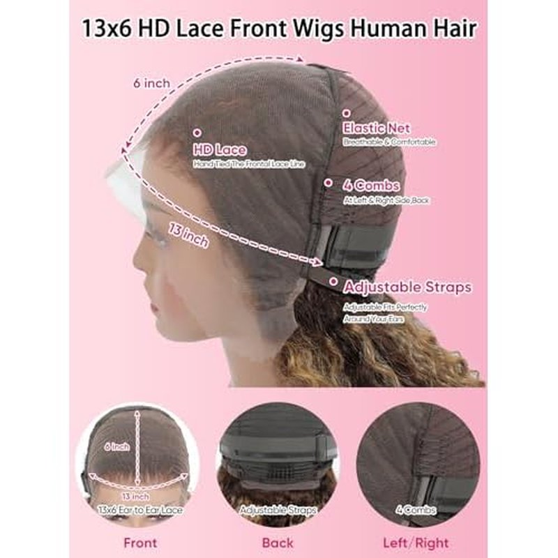 NOELLA Highlight 13x6 HD Lace Front Wigs Human Hair 20 Inch Honey Blonde Ombre Water Wave Lace Frontal Human Hair Wigs 210% Density Wet and Wavy Highlighted Curly Glueless Wig For Black Women