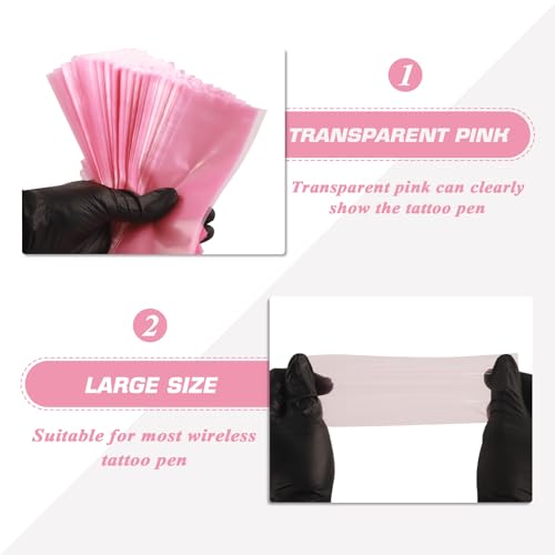 Tattoo Machine Pen Covers with Grip Tape Wrap - Narkysus 400Pcs Pink Machine Sleeves 2.5"x7.1" Large Tattoo Pen Bags and 4Pcs Pink Tattoo Gun Wrap Tattoo Supplies for Women and Studio Use