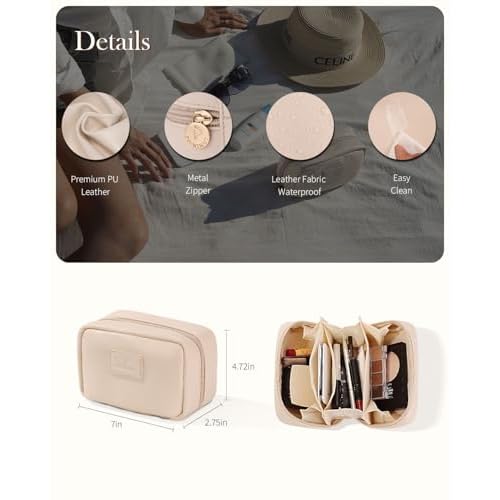 Pocmimut Makeup Bag,2 Pack Open Flat Small Makeup Pouch with Large Cosmetic Bag Travel Essentials Organizer with Divider,Beige