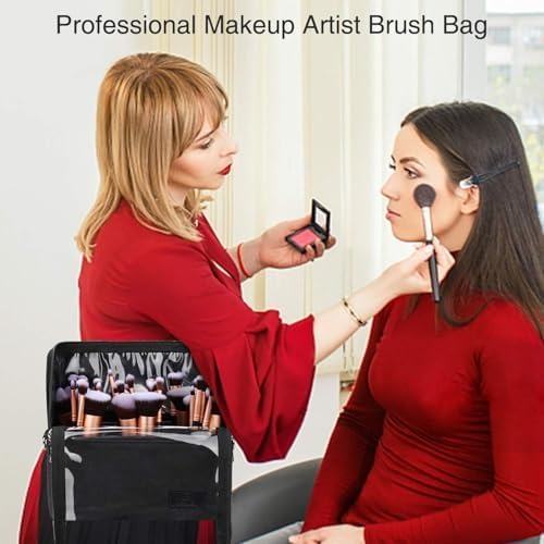 Makeup Brush Organizer - Travel-Friendly Stand-Up Holder with Adjustable Divider | Large Black Cosmetic Case