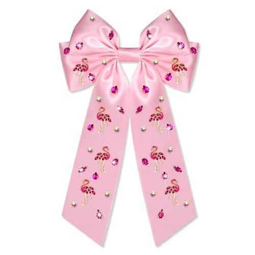 Flamingo Hair Bows for Women Tropical Flamingo Hair Clips Crystal Jeweled Big Pink Bows Satin Hair Ribbon Barrettes Boho Hawaiian Summer Beach Accessories Costume Outfits Party Favors (Pattern A1)