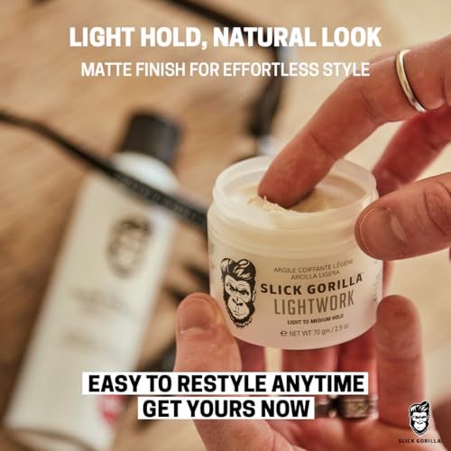 Slick Gorilla Lightwork Matte Hair Clay for Men 2.5 oz | Matte Finish | Flexible Hold | Lightweight Styling Clay | Water-Based | Natural Texture | Non-Greasy Grooming for Everyday Use