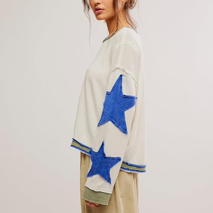 Apvirdy Y2K Tops Long Sleeve Star Tshirt Drop Shoulder Crop Sweatshirts Vintage Distressed Graphic Shirts Streetwear