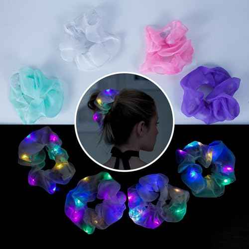 LED Light Up Scrunchies Hair Ties - Halloween & Christmas Pink White Scrunchie, 3 Light Modes, Glow in the Dark, Girls' Hair Accessories, Perfect for Parties, Raves, Festivals & Spooky Season