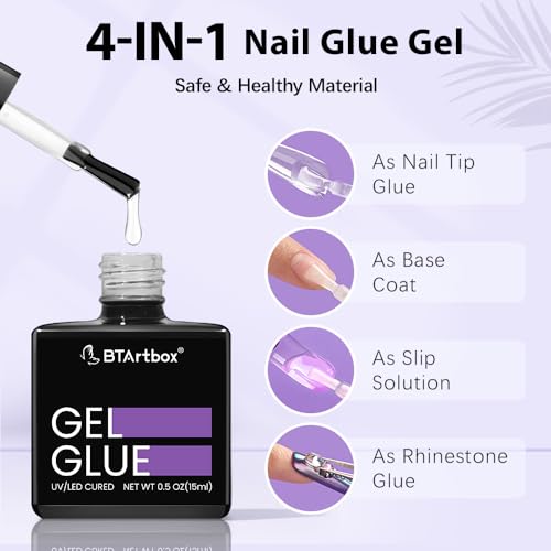 BTArtbox Nail Glue & Primer Set - 2 x 0.5 Fl Oz Acrylic French Ballerina Nail Gel, Long Lasting Super Strong 4 in 1 UV Nail Gel for Press On Nails