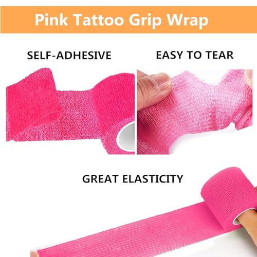 Large Machine Pen Covers with Grip Tape - Yuelong 200Pcs Pink Tattoo Pen Bags and 4Pcs Grip Wrap Kit Combination Machine Sleeves Bags Self-Adhesive Grip Covers Tattoo Supplies for Artist