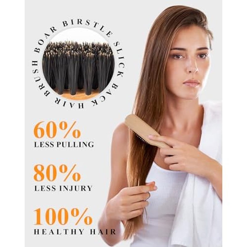 Boar Bristle Slick Back Hair Brush - Smooths Flyaways, Tames Frizz, Styles Edges, Sleeks Ponytails, Buns - Teasing Smoothing Brush for Women & Men Fine/Medium Hair, Styling Accessories for Girls, Kids