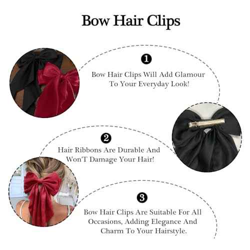 Large Red Satin Hair Bows, Clips, and Barrettes - Hair Accessories for Women, Christmas Gift