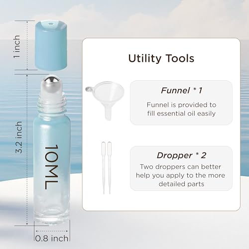 Essential Oil Roller Bottles, 10ml Thick Glass Perfume Roller Bottles with Funnel Opener and Dropper Colored Glass Empty Bottles with Stainless Steel Roller Balls (Blue, 4 Pack)