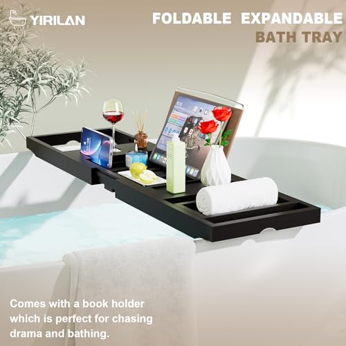 Yirilan Foldable Bathtub Caddy, Expandable Bath Tray, Unique House Warming Gifts, New Home, Anniversary and Wedding Gifts for Couple, Black-New