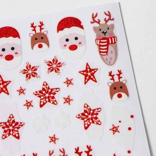Christmas Gift Bow Nail Art Stickers, Santa Hat Elk Snowflake Design, 3D Self-Adhesive Glitter French Nail Tip Winter Holiday Nail Decals for Women (5 Sheets)