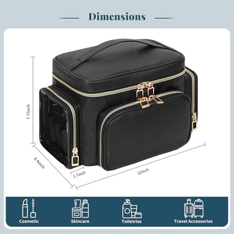 Large Makeup Bag with LED Mirror, Travel Makeup Bag Organizer for Women Girls with Makeup Brush Compartment & Two Side Pockets, 3 Color Lights Cosmetic Toiletry Bag- Leather Black