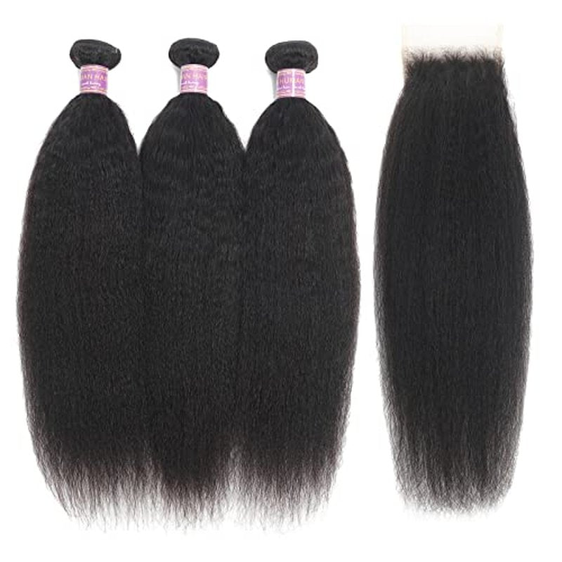 Kinky Straight Human Hair Bundles With 4x4 Lace Closure Free Part 14 14 14+12 Inch Natural Black 100% Unprocessed Brazilian Virgin Yaki Straight Hair Extensions (14 14 14+12Closure)
