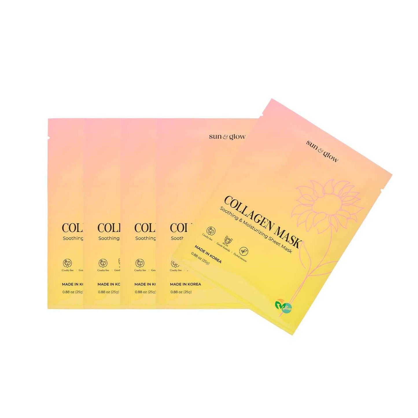 SUN & GLOW VEGAN COLLAGEN MASK Including Natural Elements Fermented 7-Layer Hyaluronic Acid Complex Soothing and Moisturizing Skin Korean Home Skincare Mask (0.88oz 25g 5Packs)