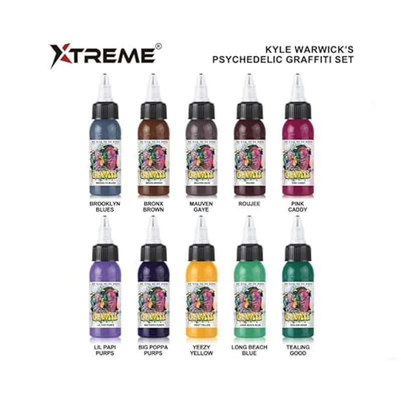 Xtreme Ink 10 Color Kyle Warwick Psychedelic Graffiti Set, UV-Free Brilliance, Ethical, Water-Based, Vegan, and Safe (Set of 10, 1 oz)