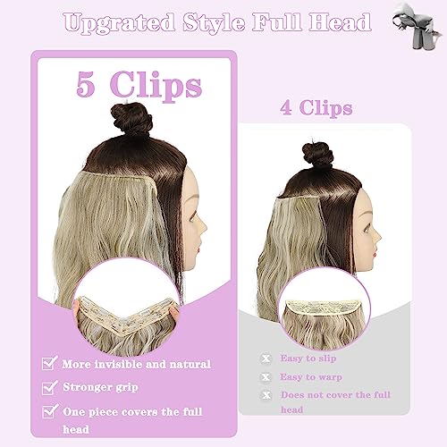 Invisible Hair Extensions Clip In Real Human Hair Balayage Chestnut Blonde to Platinum Blonde Highlight Hair Extension 16Inch 80G One Piece Clip in Remy Hair Body wave Double Weft V Shape Clip on Hair