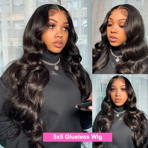 Wear and Go Glueless Wigs Human Hair Pre Cut HD Lace 5X5 Body Wave Lace Wigs Human Hair Pre Plucked 180% Density 3 Seconds to Wear Glueless Wigs for Beginners 28 Inch, Black