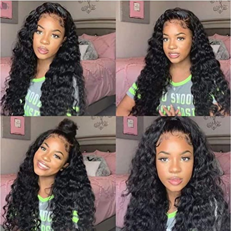 Loose Deep Wave Curly 13x4 lace Front wigs Human Hair Lace Frontal Wig Human Hair Natural Hairline Natural Black (Natural Color, 24 Inch)