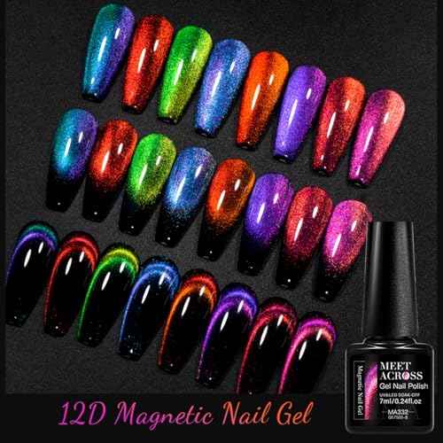 MEET ACROSS 12D Cat Eye Gel Nail Polish Set, Colorful Holographic Cat Eye Glitter Gel Polish Blue Purple Green Nail Gel Polish Kit with Base Top Coat and Magnet Soak Off Nail Art Gel DIY Salon Gift