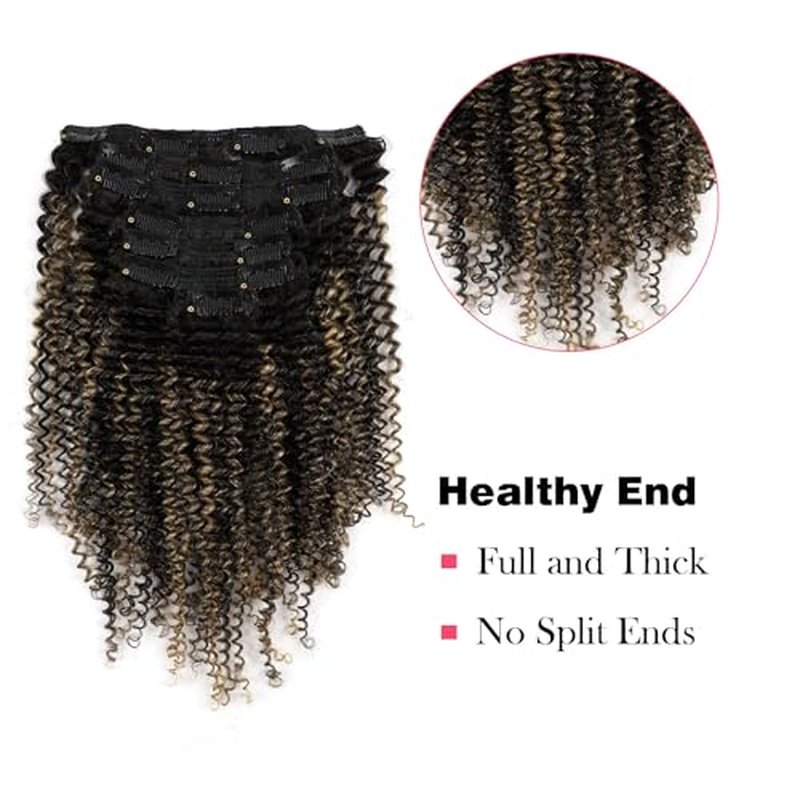 Sassina Kinky Curly Clip in Hair Extensions for African American Women Clip ins Human Hair Extensions Full Head Natural Black to Strawberry Blonde 20 Inch 120 Gram 7 Pcs #T1B/1BP27