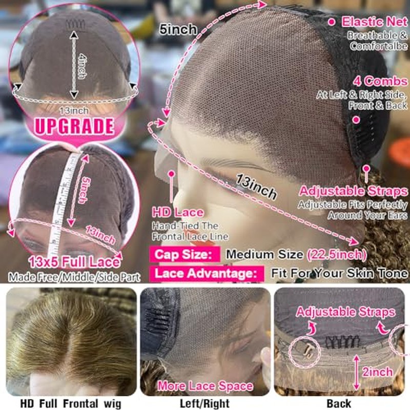 CYNOSURE 16 Inch Highlight Ombre Deep Curly Lace Front Wigs Human Hair Pre Plucked 180 Density Honey Blonde Jerry Curly Wig Human Hair 13x5 HD Transparent Lace Frontal Wigs Human Hair for Women